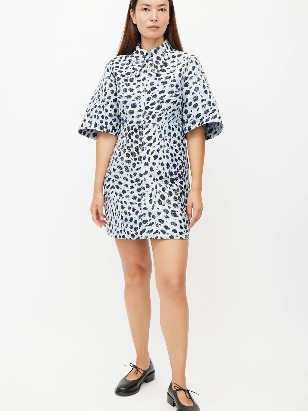 Ganni Light Blue Leopard Print Short Dress with Bell Sleeves